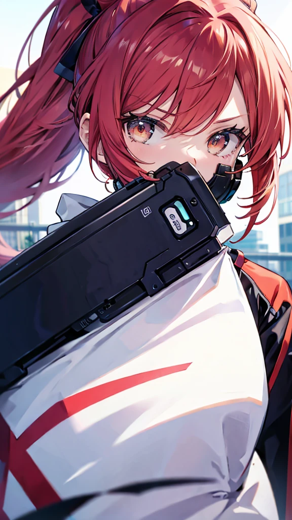 profile background, anime girl, serious face, ponytail, long red hair, blush, eyes yellow, clingy clothes, high-res portrait, detailed eyes and face, character, fantasy, advanced urban, from the front, 4K, high resolution