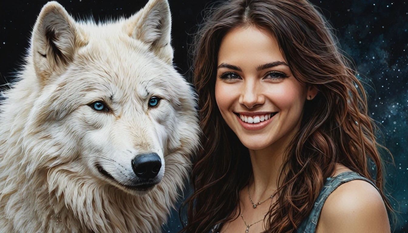 half body,
a woman smile with her best friend her White Wolf,
dark complex background, style by Thomas Kinkade+David A. Hardy+Carne Griffiths+Mandy Disher half vivid colors fine art, best quality, high detailed, detailed faces, 2d,