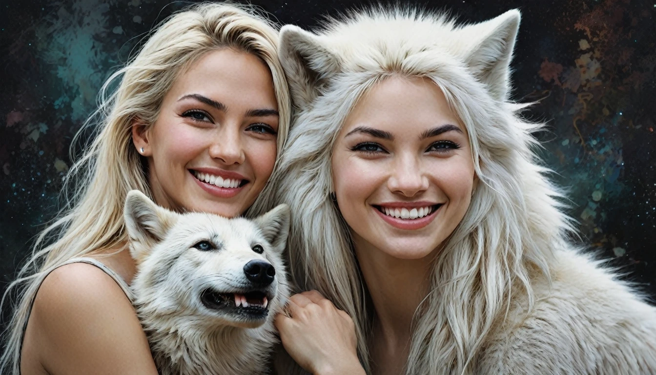 half  body,
a woman smile  with her best friend her White Wolf,
dark complex background, style by Thomas Kinkade+David A. Hardy+Carne Griffiths+Mandy Disher half vivid colors fine art, best quality, high detailed, detailed faces, 2d,