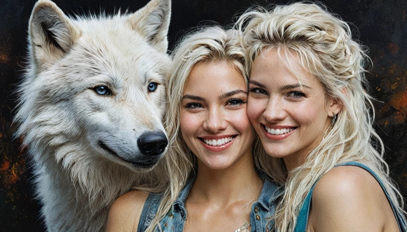 half  body,
a woman smile  with her best friend her White Wolf,
dark complex background, style by Thomas Kinkade+David A. Hardy+Carne Griffiths+Mandy Disher half vivid colors fine art, best quality, high detailed, detailed faces, 2d,
