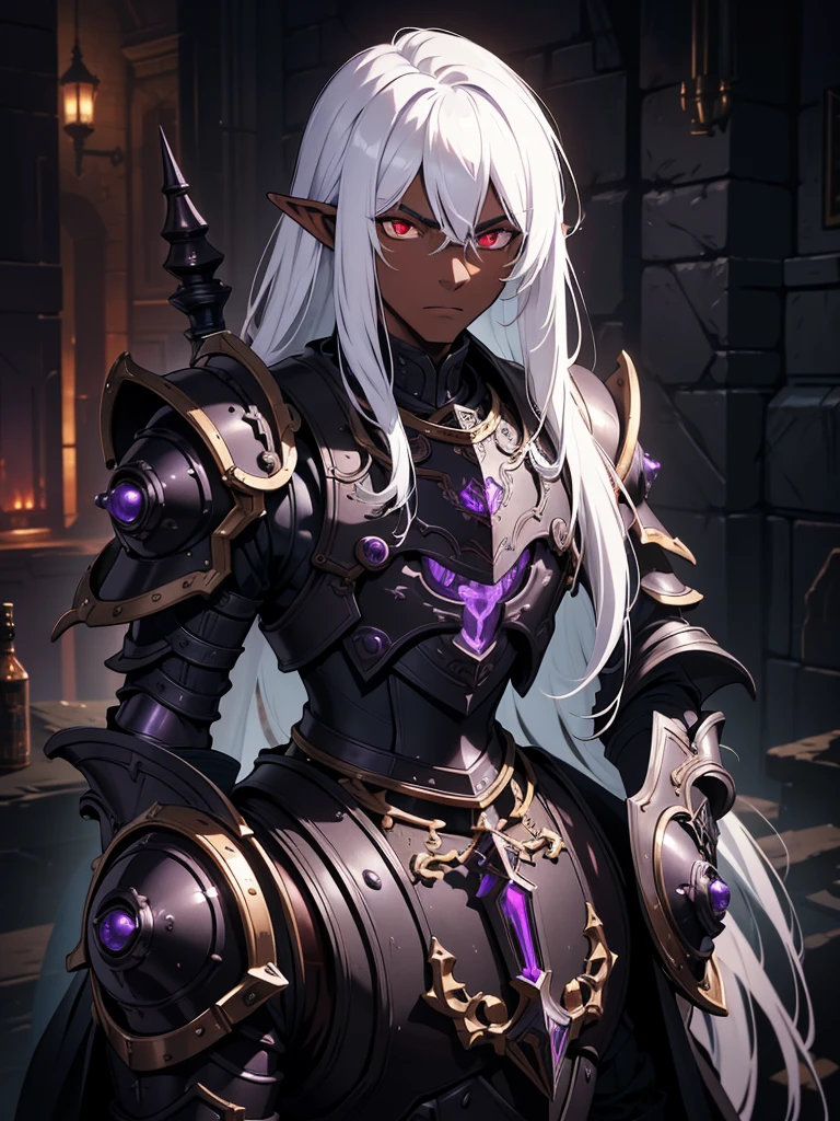 masterpiece, best quality, ultra high res, dark theme, 1boy, (dungeonpunk armor), (mechanical steampunk armor), (wearing armor)fantasy illustration, dark skinned, human, upper body, portrait, red eyes, long white hair, half-drow, pointy ears, serious face, young man, dramatic lighting, purple hue, art by Kinema Citrus