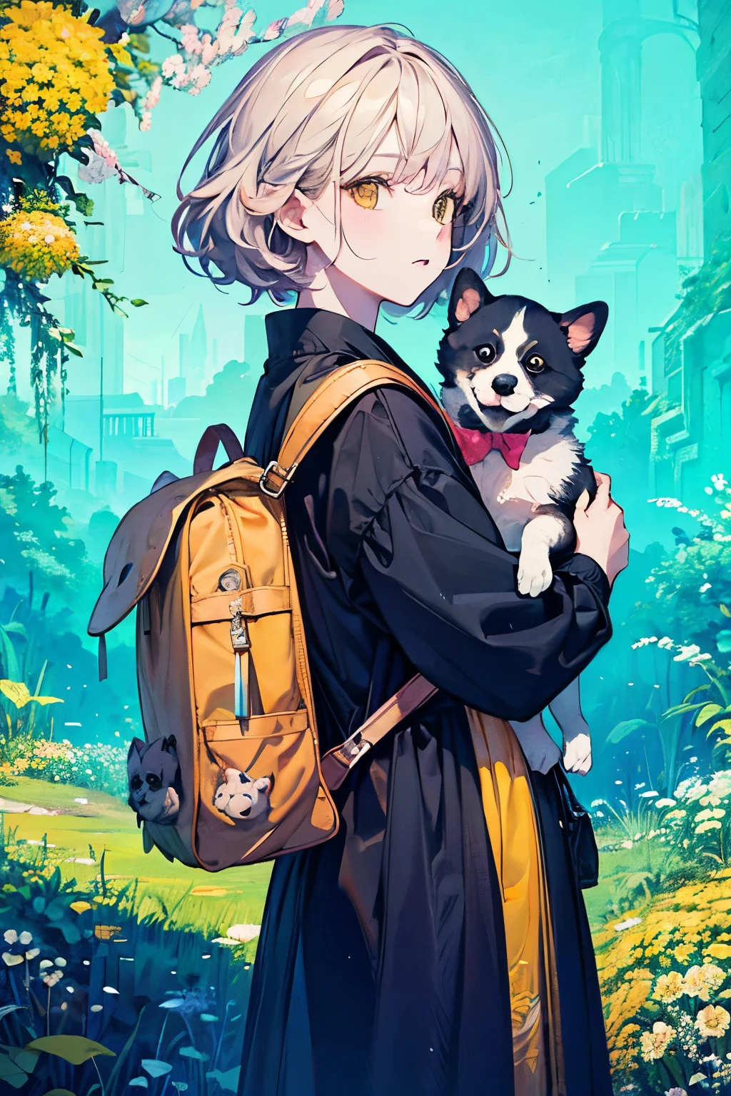 Prompt: An incredibly charming carrying a backpack, accompanied by her adorable puppy, enjoying a lovely spring outing surrounded by beautiful yellow flowers and natural scenery. The illustration is in high definition at 4k resolution, with highly-detailed facial features and cartoon-style visuals.