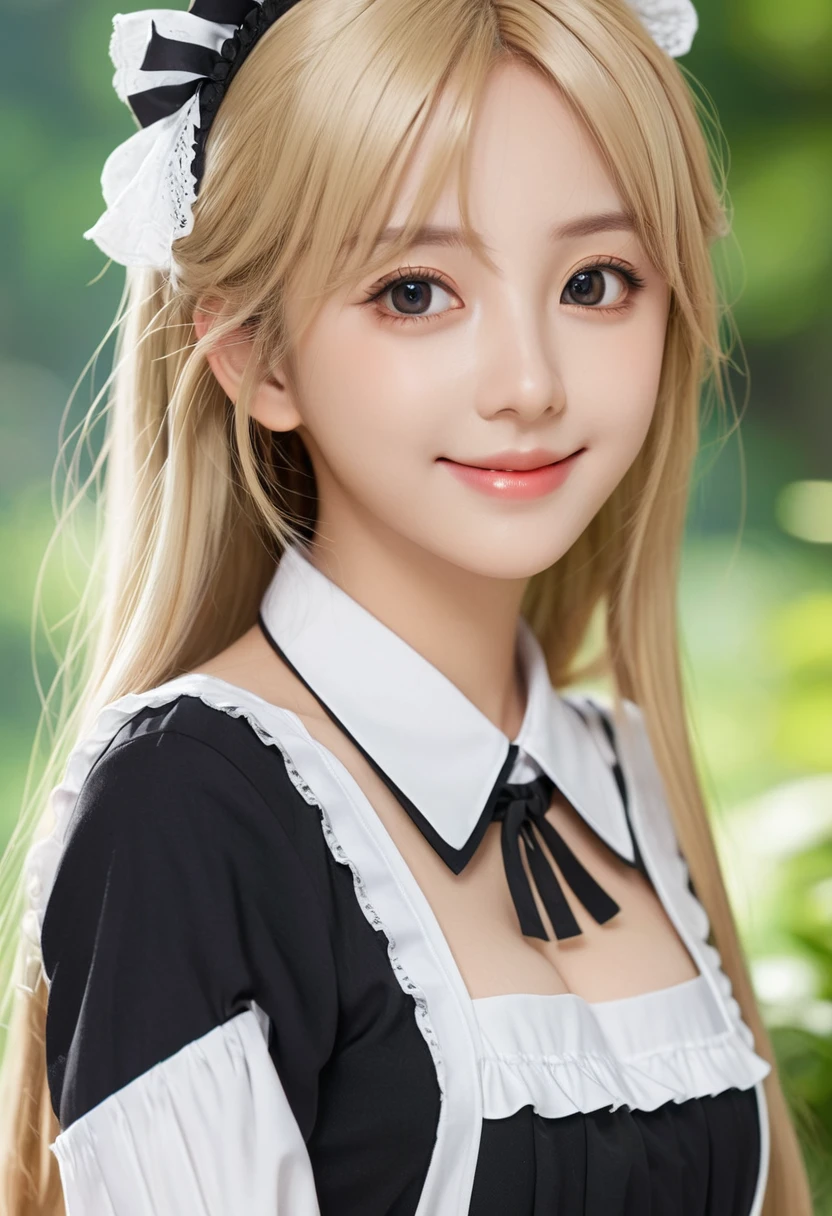 18 years old beautiful girl, big eyes, Large Breasts, tiny and cute, 8K, Top quality, (Very detailed head: 1.0), (Very detailed face: 1.0), (Very detailed head发: 1.0), Maid uniform, Highly detailed official artwork, Anime cute art style, Clean and detailed anime art, Smile, blond, Long smooth hair
