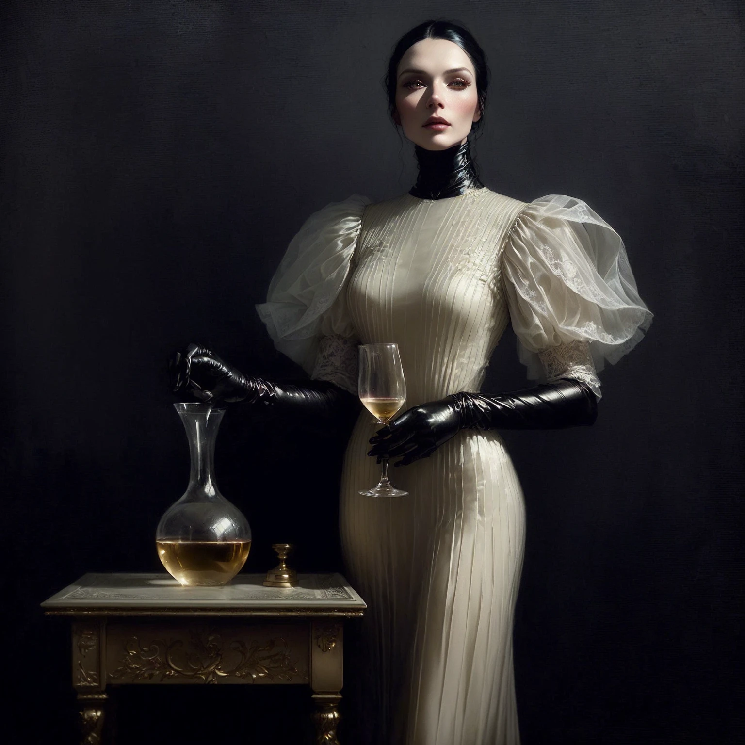 woman in a dress holding a glass of wine, Erwin Olaf, inspired by Carlo Mense, Hugh Kretschmer, inspired by Hedy Xandt, flora borsi, Tom Bagshaw Natalie Shaw, Jingna Zhang, Peter Kemp, inspired by Ray Caesar, fine art fashion magazine style, photo by Alexey Kurylev