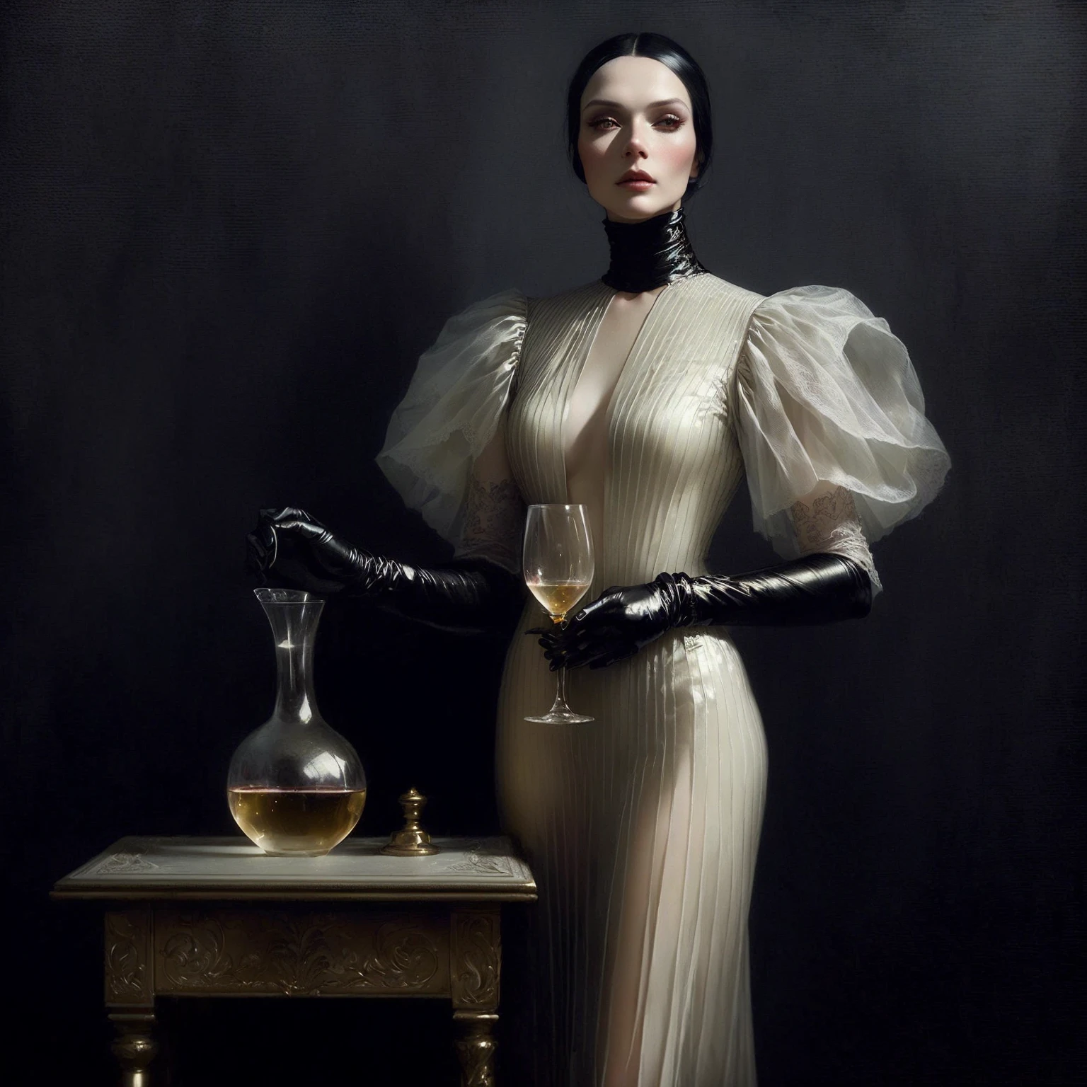 woman in a dress holding a glass of wine, Erwin Olaf, inspired by Carlo Mense, Hugh Kretschmer, inspired by Hedy Xandt, flora borsi, Tom Bagshaw Natalie Shaw, Jingna Zhang, Peter Kemp, inspired by Ray Caesar, fine art fashion magazine style, photo by Alexey Kurylev