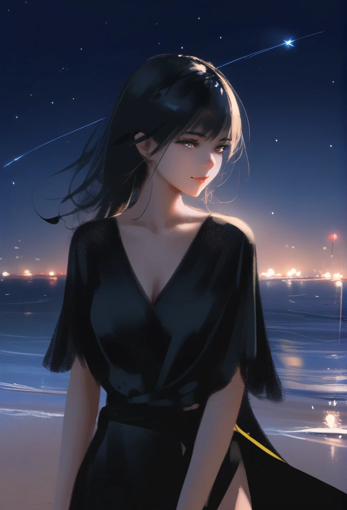 1girl, solo, wlop,
Long Black hair, gradient eyes, black cloak, seductive smile,
beach, nighttime, shooting stars
masterpiece, best quality,