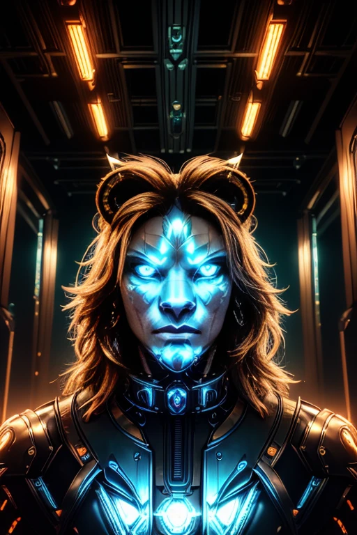 a cyberpunk humanoid lion, futuristic cyborg humanoid lion, mechanical humanoid lion, metal humanoid lion, robotic feline, intricate machinery, glowing eyes, neon lights, , dark moody atmosphere, dynamic composition, cinematic lighting, vibrant colors, digital art, 8k, high quality, masterpiece, photorealistic