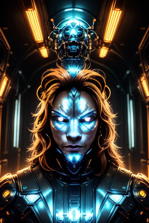 a cyberpunk humanoid lion, futuristic cyborg humanoid lion, mechanical humanoid lion, metal humanoid lion, robotic feline, intricate machinery, glowing eyes, neon lights, , dark moody atmosphere, dynamic composition, cinematic lighting, vibrant colors, digital art, 8k, high quality, masterpiece, photorealistic