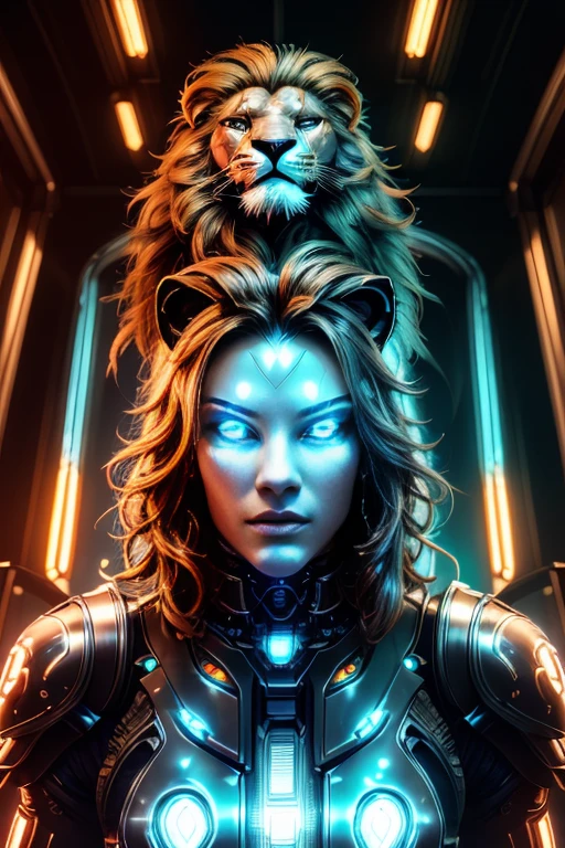 a cyberpunk humanoid lion, futuristic cyborg humanoid lion, mechanical humanoid lion, metal humanoid lion, robotic feline, intricate machinery, glowing eyes, neon lights,  , dark moody atmosphere, dynamic composition, cinematic lighting, vibrant colors, digital art, 8k, high quality, masterpiece, photorealistic