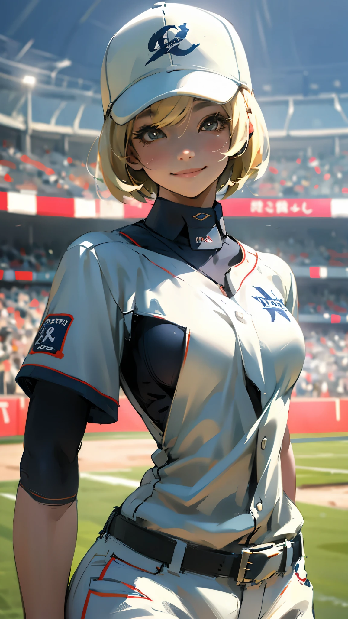 Baseball uniform、Blonde、Shortcuts、Girl、Upper Body、Stadium、smile、Large Breasts。