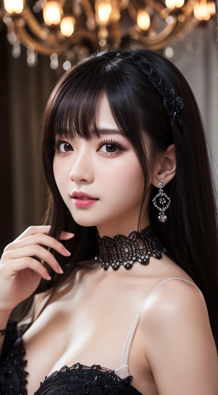 Highest quality、 High resolution、Super detailed、8K images、Perfect detail、Professional photography、RAW Photos、Realistic、Perfect dynamic composition、Japanese、woman、chandelier、whole body、Black Dress、Black face mask