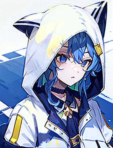 Highest quality, masterpiece, Ultra-high resolution, blue hair, short hair, white jacket, cat ear hood, hood up, yellow buttons, fasten a all button, blue eyes,