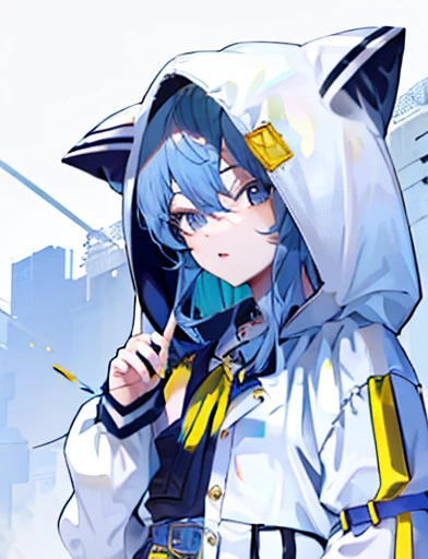 Highest quality, masterpiece, Ultra-high resolution, blue hair, short hair, white jacket, cat ear hood, hood up, yellow buttons, fasten a all button, blue eyes,
