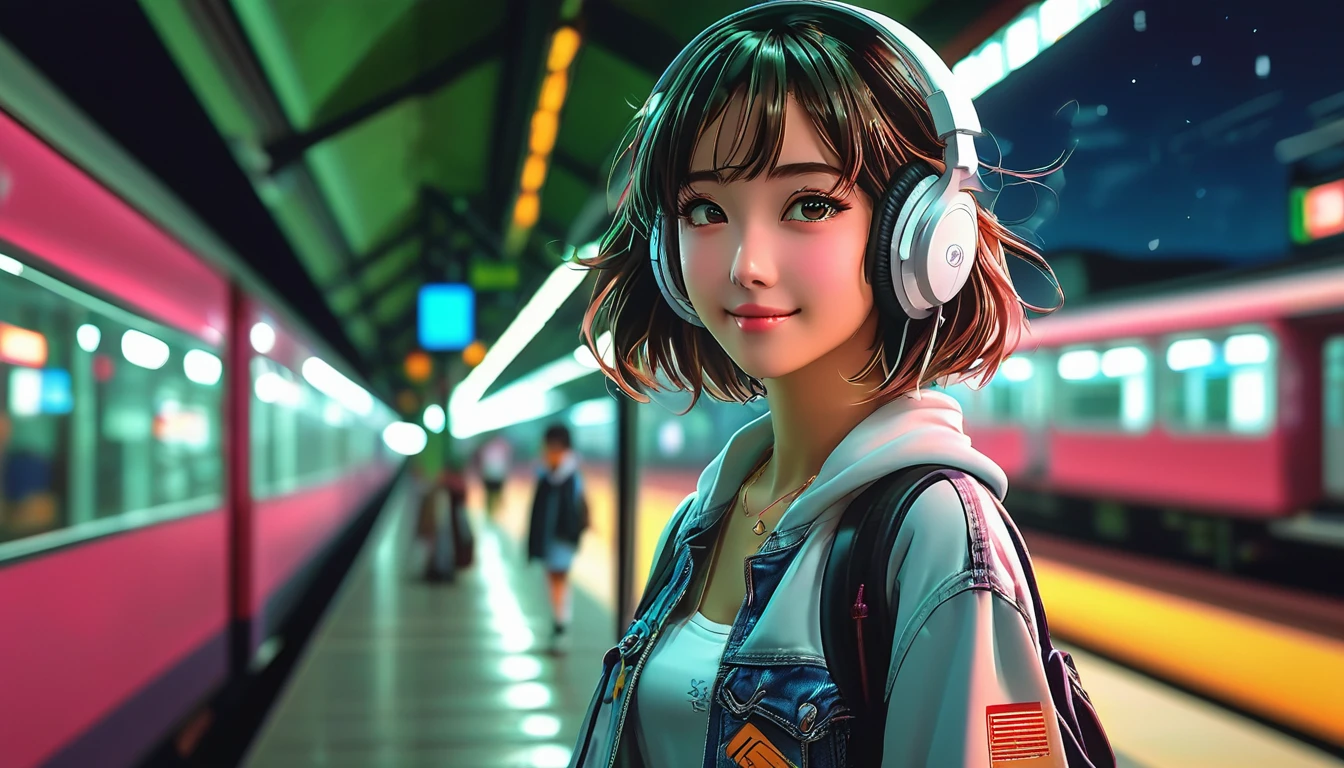 masterpiece, (((wearing headphones))). (anime girl posing). ((1990s anime)). ((City Pop girl)). Gorgeous features . Hyper detailed. High definition. Anime style. HDR. 8k. This contrast between the fantastical character and the more bold color scheme and elements gives the piece an intriguing narrative quality. painted realism, photorealistic, fantasy digital art,Render Related Information: 32K resolution,Expressive details, Season: summer, Time: Dawn, (((Waiting on the station platform to catch the train before going to school ))),full body,smile.Moonlight illuminates the dimly lit room.90s,short hair girl,beautiful girl,(((A woman whose back can be seen up to her waist))),（woman from behind）,