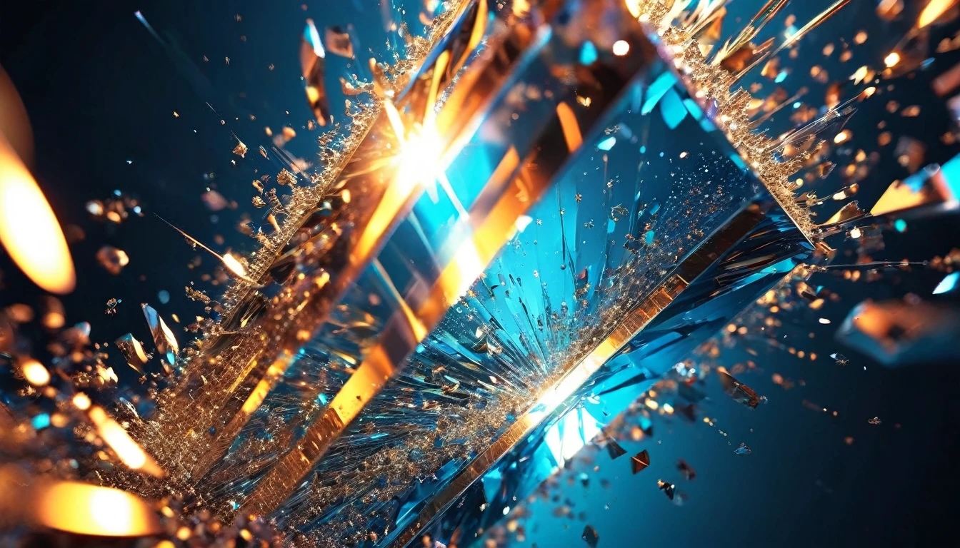 Create a stunning 3D illustration with close-up of a glass prism at the center, surrounded by burst of finest metallic particles. Each particle should glow with a metallic sheen. The dynamic spread of these particles against a solid glass backdrop should create a striking contrast, highlighting the glass prism and emphasizing the brilliance of the metallic elements.