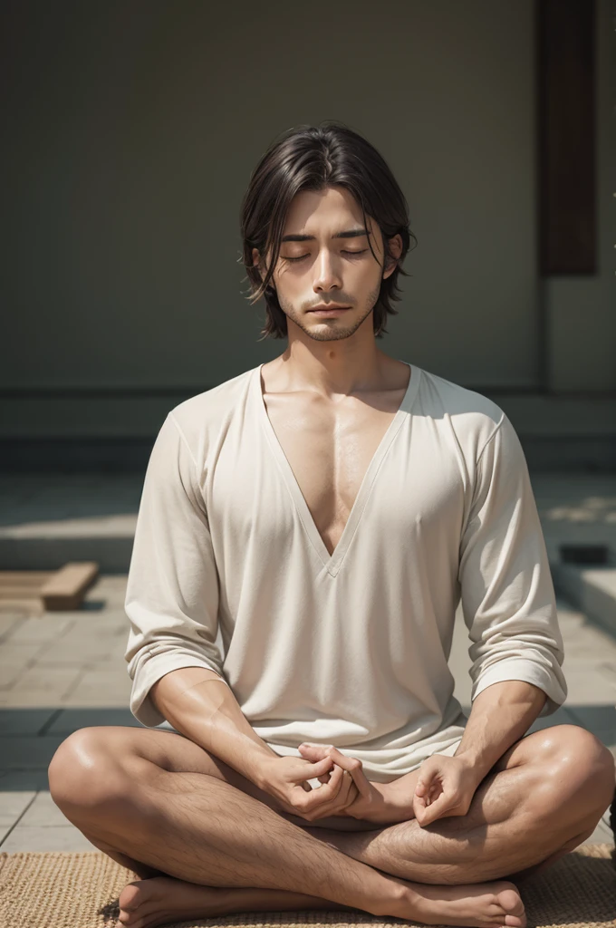 A peaceful man meditating. He is calm