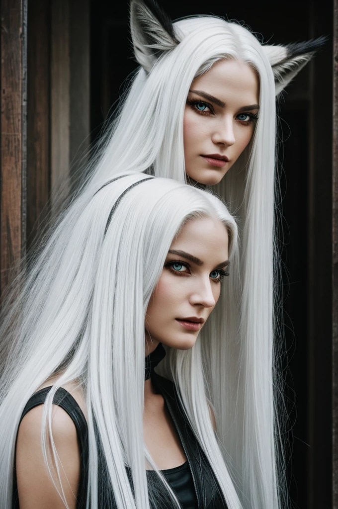 tall girl, long white hair and black locks, wolf tail and ears,fangs,he would be, He has a scar on his left eye, Red eyes 