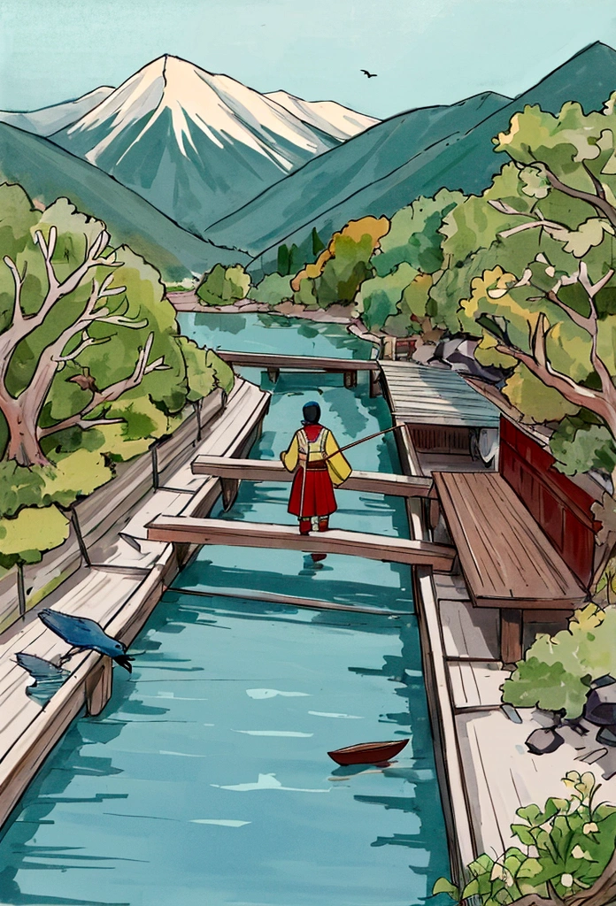 On a tranquil spring day, a fisherman dressed in traditional Jin Dynasty attire gently rowed a little wooden boat along a small creek. In the distance, mountain ranges loomed silently. Only the gentle murmur of the flowing water and the cheerful chirping of birds could be heard