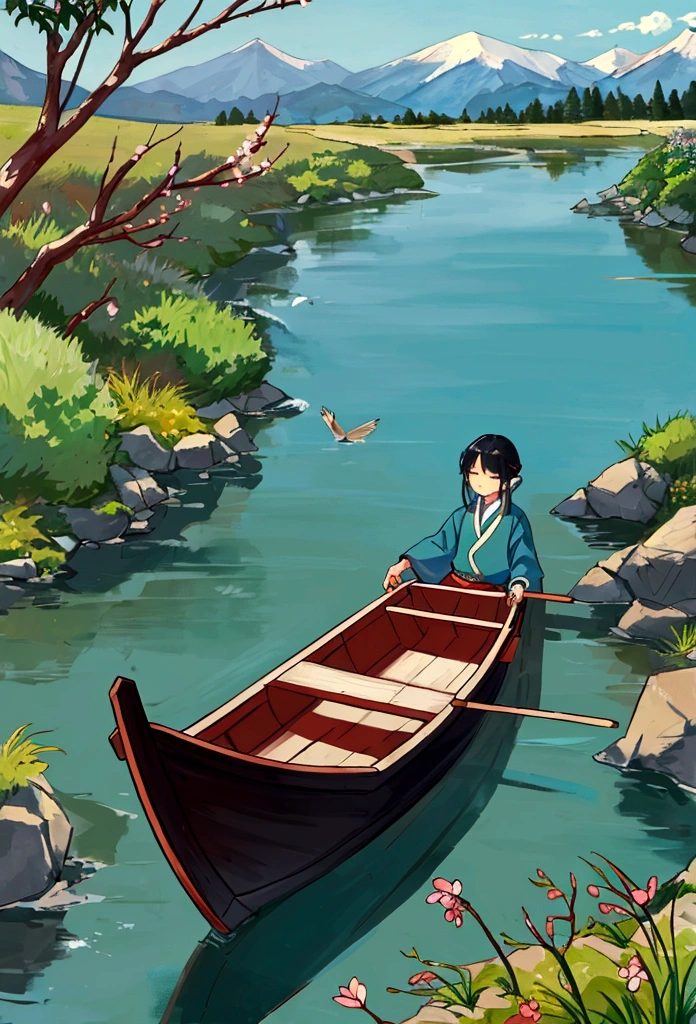 On a tranquil spring day, a fisherman dressed in traditional Jin Dynasty attire gently rowed a little wooden boat along a small creek. In the distance, mountain ranges loomed silently. Only the gentle murmur of the flowing water and the cheerful chirping of birds could be heard