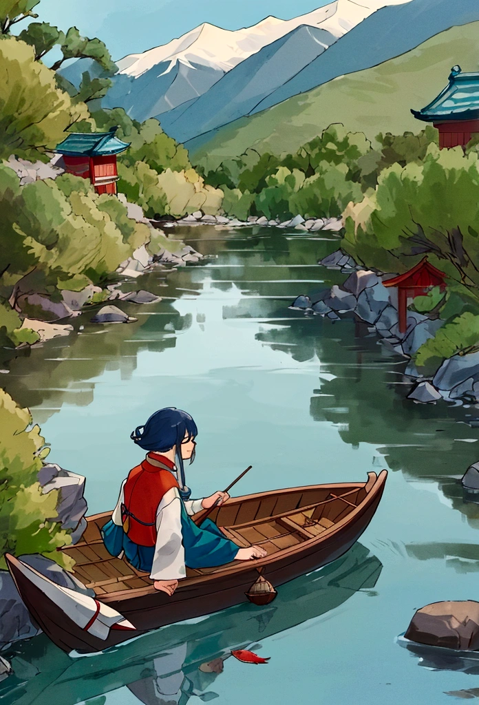 On a tranquil spring day, a fisherman dressed in traditional Jin Dynasty attire gently rowed a little wooden boat along a small creek. In the distance, mountain ranges loomed silently. Only the gentle murmur of the flowing water and the cheerful chirping of birds could be heard