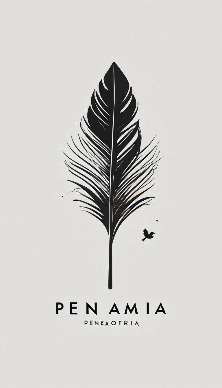 A minimal, modern, simple, cinematic logo design for the brand “Penamemoria". The logo deign must be a simple boy playing acoustic guitar and a feather The logo must convey a sense of music, stories and dreams. Logo design impressed on a book cover. Minimalistic logo