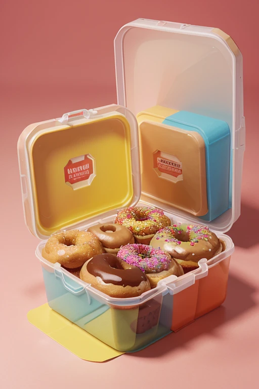 Design packaging for gluten-free donuts, make it transparent plastic, rectangular and elongated, containing compartments for four donuts, the striking color