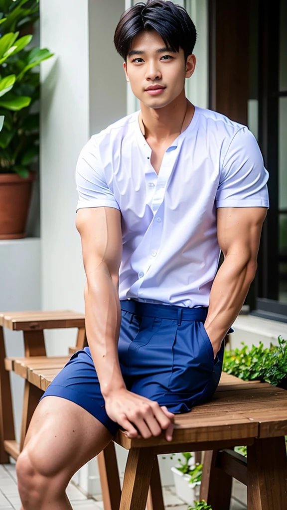 Masterpiece, best quality, High quality, วอลล์เปเปอร์ CG unity 8k ที่มีvery detailed, depth of field, HDR,,photorealistic,very detailed, 1 man sitting on a chair, Asia, black short hair, , (Thai , white shirt), blue cargo shorts, chest muscles, Big arm muscles, blood vessel, big muscles, Broad shoulders, looking at the audience, Balancing the eyes, (Make eye contact) (outside the building:1.3)
