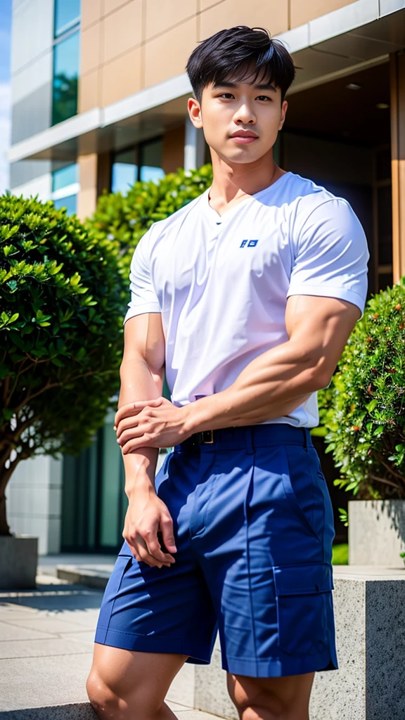 Masterpiece, best quality, High quality, วอลล์เปเปอร์ CG unity 8k ที่มีvery detailed, depth of field, HDR,,photorealistic,very detailed, 1 man sitting on a chair, Asia, black short hair, , (Thai , white shirt), blue cargo shorts, chest muscles, Big arm muscles, blood vessel, big muscles, Broad shoulders, looking at the audience, Balancing the eyes, (Make eye contact) (outside the building:1.3)