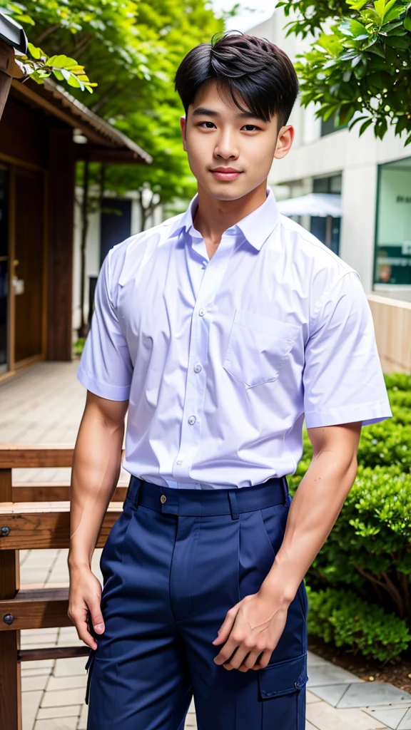 Masterpiece, best quality, High quality, วอลล์เปเปอร์ CG unity 8k ที่มีvery detailed, depth of field, HDR,,photorealistic,very detailed, 1 man sitting on a chair, Asia, black short hair, , (Thai , white shirt), blue cargo shorts, chest muscles, Big arm muscles, blood vessel, big muscles, Broad shoulders, looking at the audience, Balancing the eyes, (Make eye contact) (outside the building:1.3)