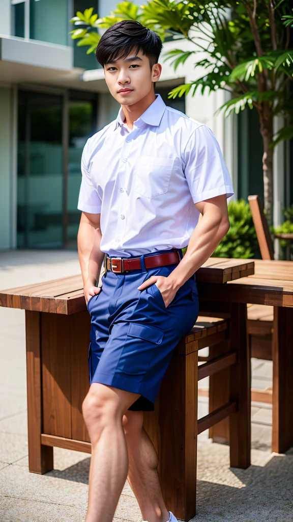 Masterpiece, best quality, High quality, วอลล์เปเปอร์ CG unity 8k ที่มีvery detailed, depth of field, HDR,,photorealistic,very detailed, 1 man sitting on a chair, Asia, black short hair, , (Thai , white shirt), blue cargo shorts, chest muscles, Big arm muscles, blood vessel, big muscles, Broad shoulders, looking at the audience, Balancing the eyes, (Make eye contact) (outside the building:1.3)