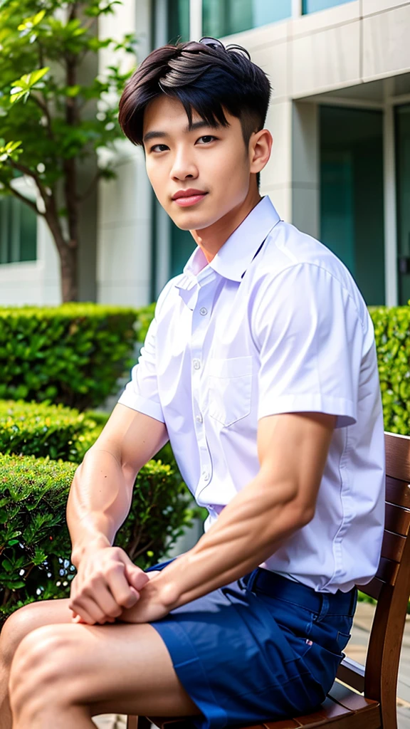 Masterpiece, best quality, High quality, วอลล์เปเปอร์ CG unity 8k ที่มีvery detailed, depth of field, HDR,,photorealistic,very detailed, 1 man sitting on a chair, Asia, black short hair, , (Thai , white shirt), blue cargo shorts, chest muscles, Big arm muscles, blood vessel, big muscles, Broad shoulders, looking at the audience, Balancing the eyes, (Make eye contact) (outside the building:1.3)