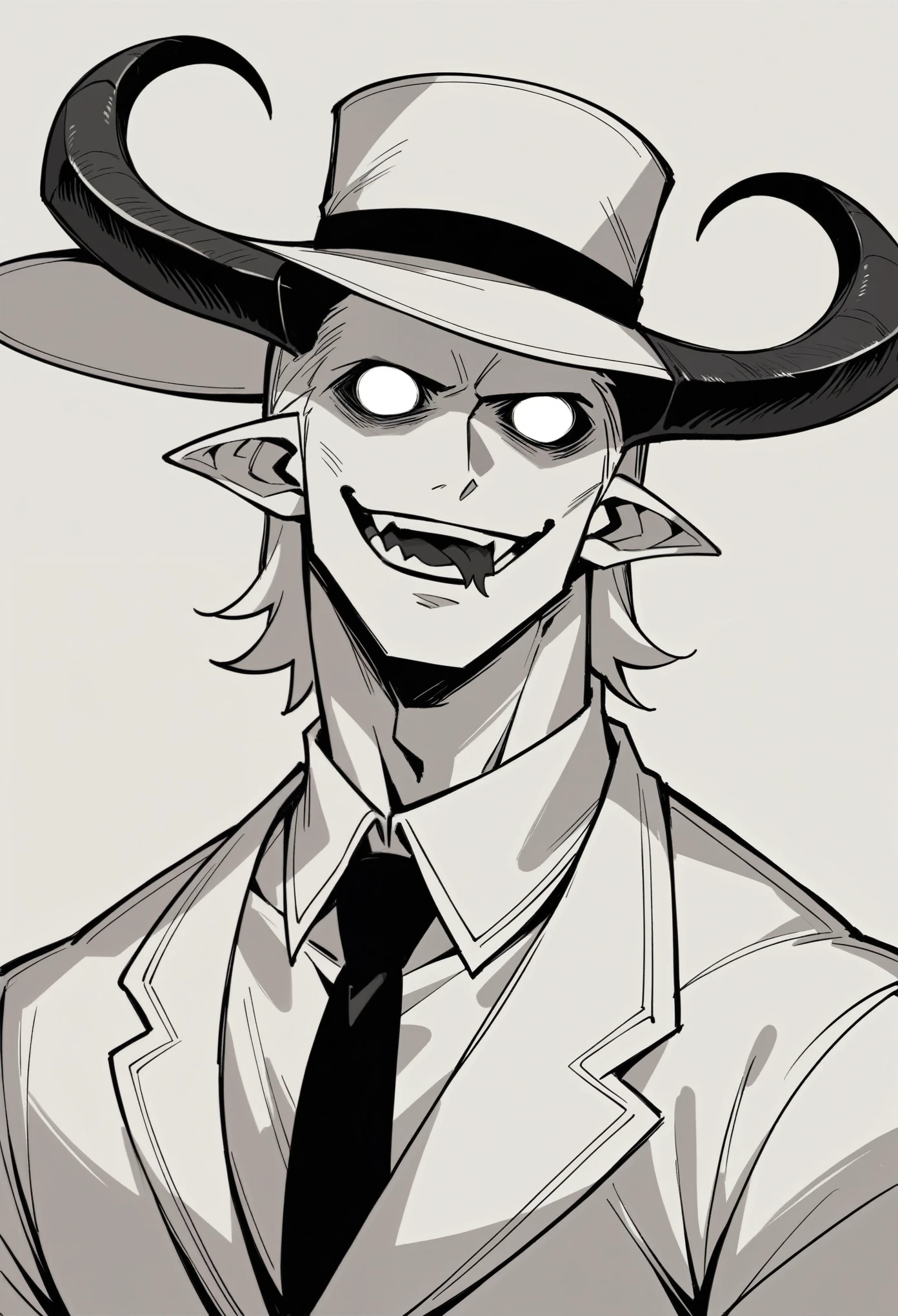 Suggestion, the Ink Demon, has a terrifying appearance.

His muscular body is covered in white skin, with half of the face in an intense black tone. He has no eyes and no mark on where his eyes should be, and your mouth stretches into a pointed smile, with forked tongue.

Two pairs of black, curved horns rise from its head., under an elegant dress hat. His attire is refined - dark suit, white shirt and black tie - giving you a sophisticated and intimidating look.

The long demon tail moves fluidly, enhancing its imposing and unsettling presence. Your empty eyes seem to pierce the soul.