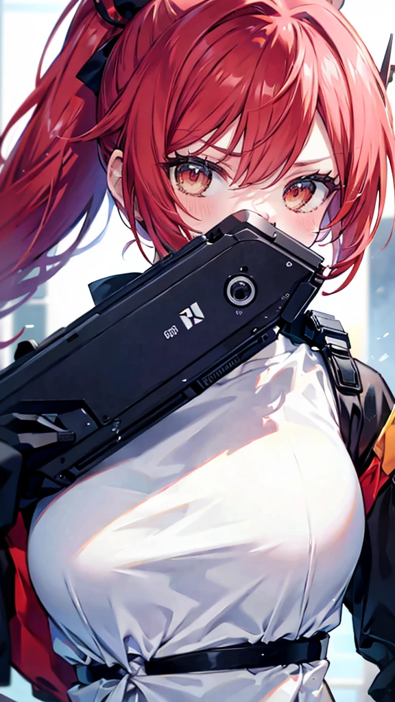 profile background, anime girl, serious face, ponytail, long red hair, blush, eyes yellow, clingy clothes, high-res portrait, detailed eyes and face, character, fantasy, advanced urban, from the front, 4K, high resolution