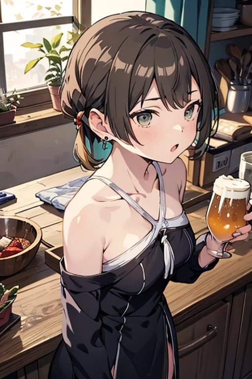 (Small breastss:1.3), (Firm breasts:1.1), (Pointed Chest:1.0), (Pudding cake magazine cover:1.3),(From above:1.0),(From the side:0.9),masterpiece, One girl, Great cleavage:1.1, Narrow waist, BIG ASS, Raised to be sexy, Small breasts: 1.3, Posing and showing off cleavage:1.2、alone, Open your mouth, cute beer glass cute grass,Black Hair, Dark green eyes, dress, Exposing shoulders, jewelry, clavicle, Side Lock, hair band, Earrings, indoor, Off the shoulder, sweater, Put your arms behind your back, plant, short hair and long locks, gild hair band, sweater dress:1.2, off-shoulder sweater, red sweater, Dark Gorgeous Hair, Big side hair, Very long side hair,Rendered (masterpiece: 1.2, highest quality), and (Ultra-high resolution) And exquisite (Depth of written boundary). This masterpiece is not only visually stunning but also tells,Cooking in the classroom kitchen ,View Viewer,