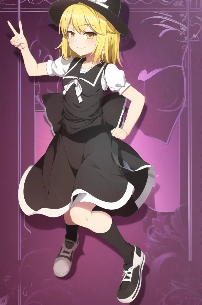 1girl, , , masterpiece, best quality, 10 years old, medium blonde hair, forehead visible bags, yellow eyes, hat, heart, black headwear, puffy short sleeves, log black skirt, heart hads,,1girl, solo, yellow eyes, yellow hair, bow, hat bow, socks, black footwear, black skirt, short sleeves, yuki (touhou), black vest, white sleeves, frill skirt, light smile, from behind, to lift up one’s skirt, cowboy shot, from front, standing , raise one leg, crossed arms, arms up behind, arms behind back, hand between legs, put hands hip, one hand on hip, forward hands, arms raised in the air, punch hands, peace sign, waving, put up index finger, sit, lie down, closed eyes, lie face down, looking back, put one hand chest, leaning forward, cleavage, close up, horizontally outstretched arms, horizontally outstretched legs, front view, front face