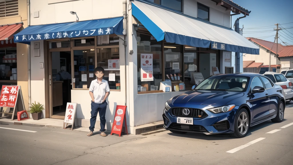 In front of the noodle shop, navy blue car in front.