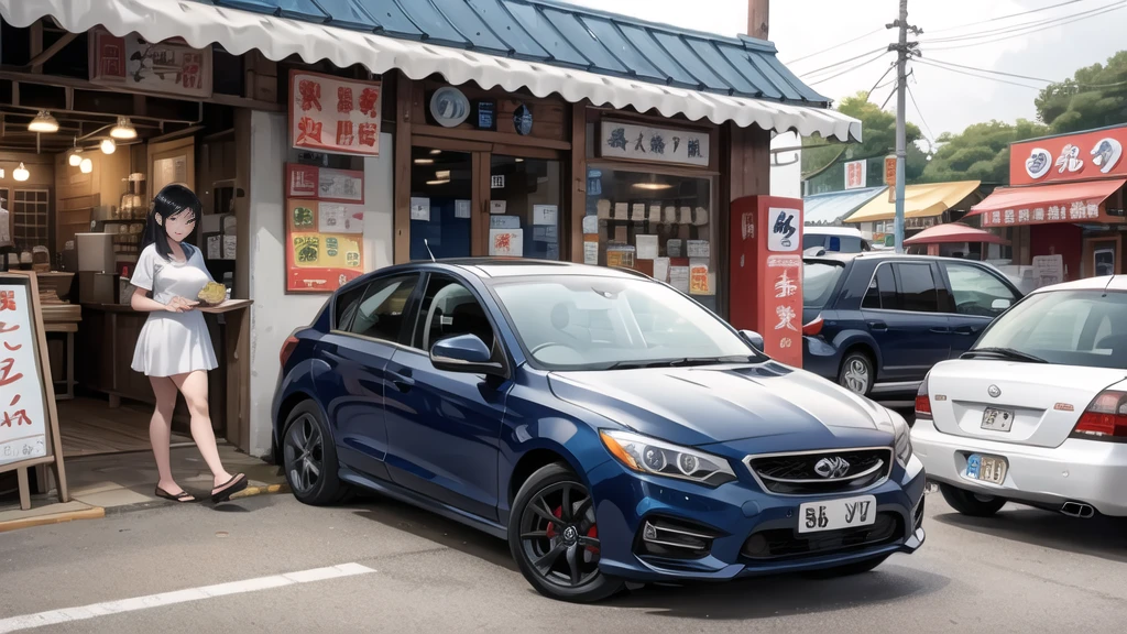 In front of the noodle shop, navy blue car in front.