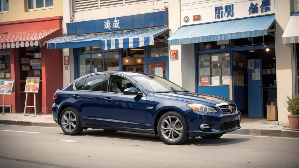 In front of the noodle shop, navy blue car in front.