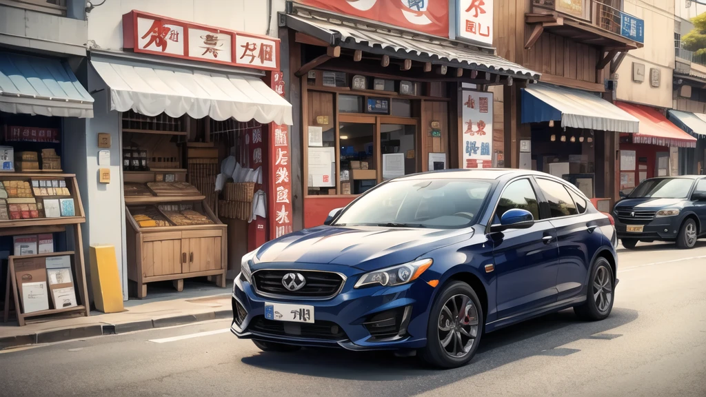In front of the noodle shop, navy blue car in front.