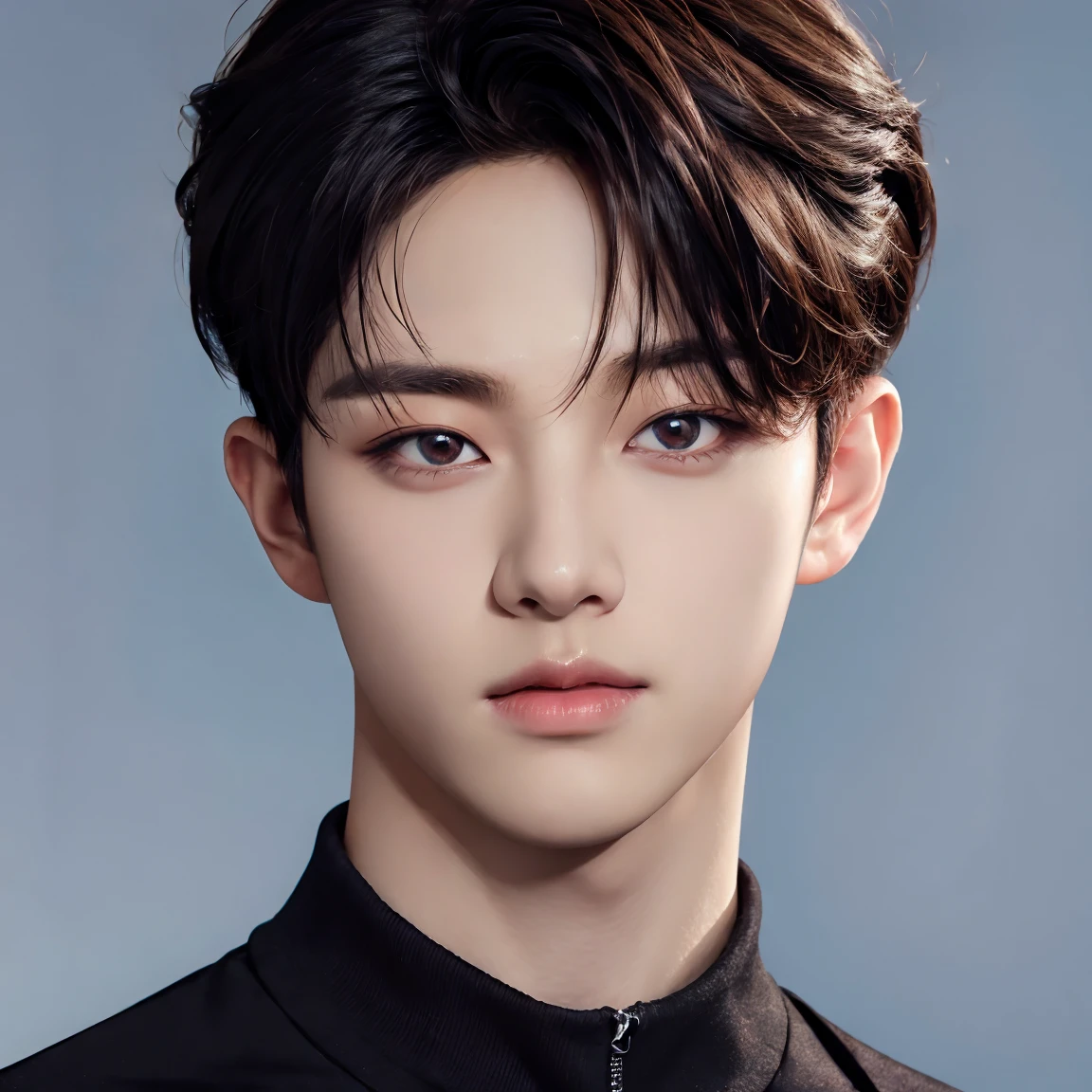 professional portrait photograph, handsome young man, model, crew cut, detailed face, plain background, kpop