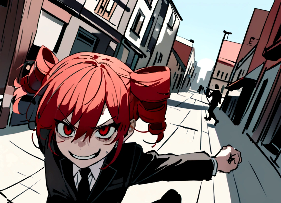 Red hair、Black suit、Black slacks、Wearing leather shoes、swinging a long silver metal baseball bat、Scary smile、In town、Daytime
