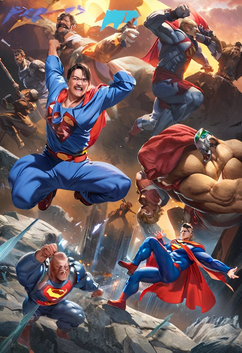 With a beard、Cartoon image of man wearing blue suit, Super super dynamic dynamic poses, Hero Pose, super Hero Pose, Wearing a hero costume, heroic!!!, Hero Action Poses, Muscle Man, Super hero, Gabe Newell as Superman, Mobile Game Art, positing on rock super Hero Pose, the strongest Super hero, Super Detail, monk