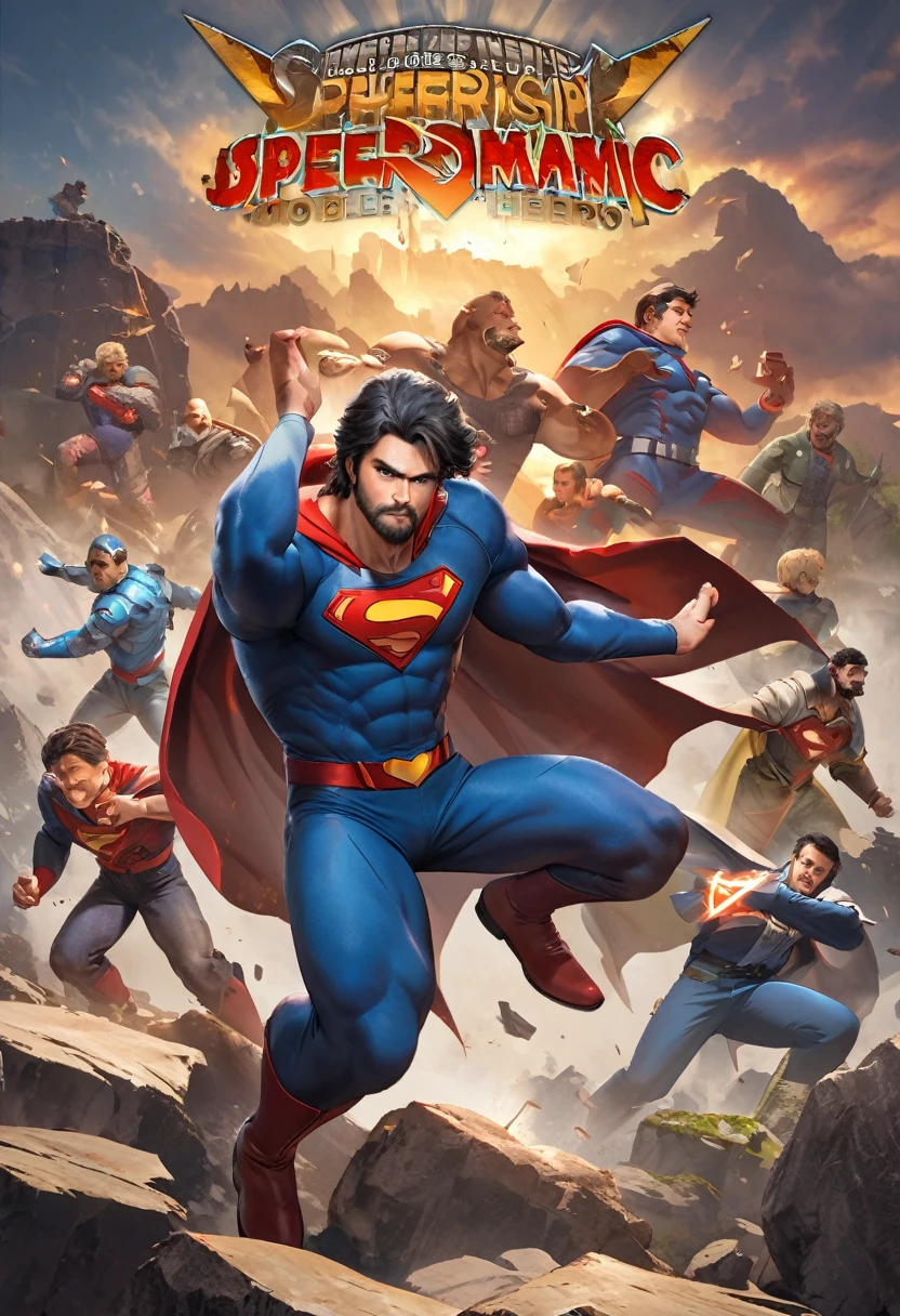 With a beard、Cartoon image of man wearing blue suit, Super super dynamic dynamic poses, Hero Pose, super Hero Pose, Wearing a hero costume, heroic!!!, Hero Action Poses, Muscle Man, Super hero, Gabe Newell as Superman, Mobile Game Art, positing on rock super Hero Pose, the strongest Super hero, Super Detail, monk