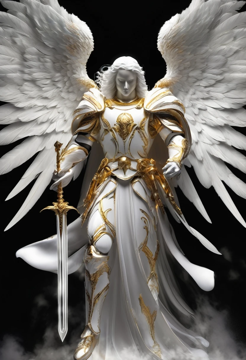 Archangel Michael with a sword gleaming light, cloaked in porcelain-white armor pulsating with ethereal light, showing his complete mighty white wings outstretched, posing floating , trying to reach to 3 different colors spheres of light in front of him, black background, digital art, vectorial picture, complete wings