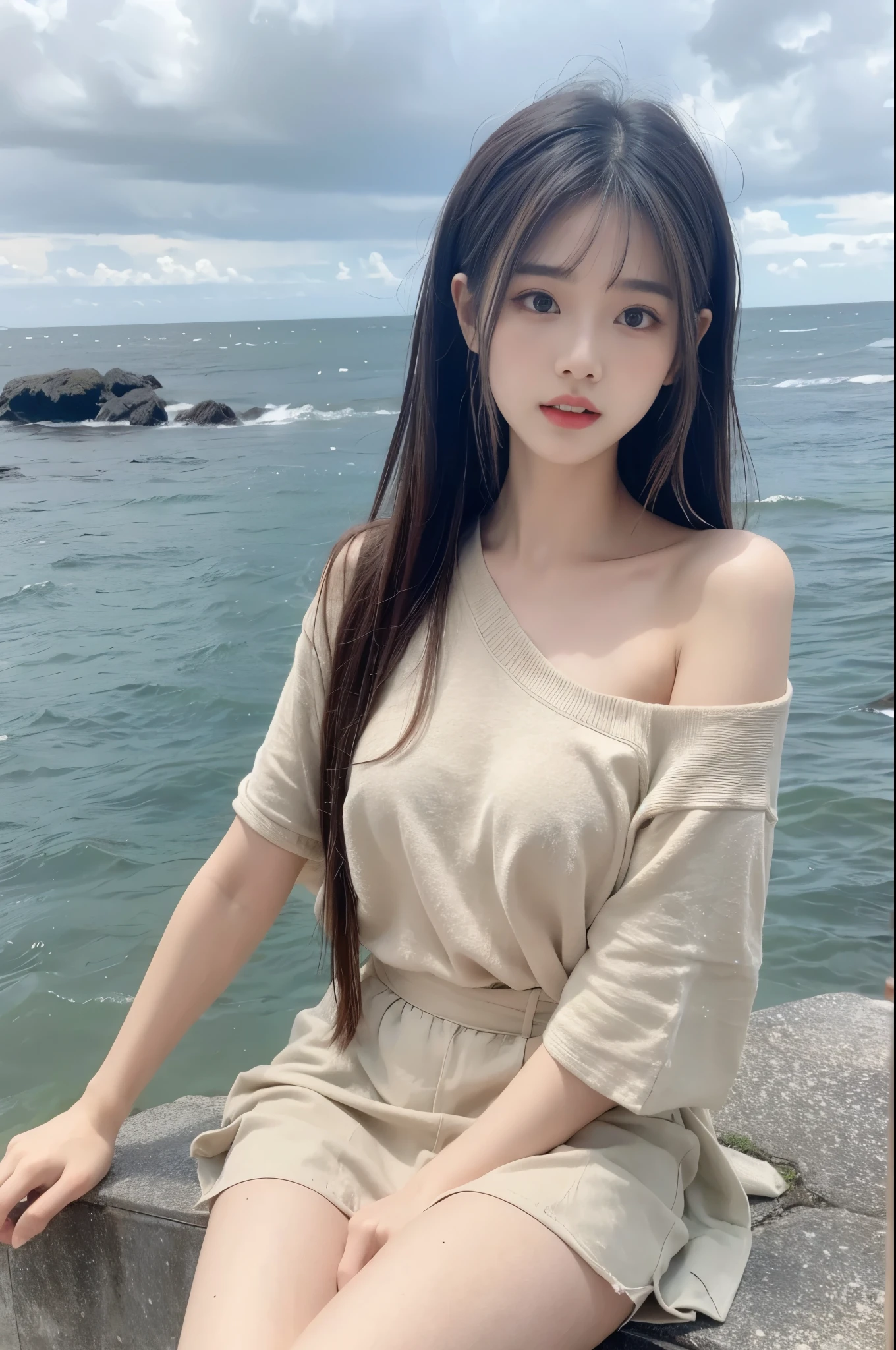 single bare shoulder shirt short ((Bare shoulder)), Double eyelids,Skin Whitening,Long hair,Whitening long legs,Standing by the sea, Fashion Girl, Red lips, Sweet Girl, Beautiful makeup, detail, lifelike, Very detailed, Astonishing, beautiful, Young and energetic, high quality,HD, Colorful, Beautifully, Smooth skin, The skirt is very short, Official Art, Extremely detailed, Movie atmosphere, Soft colors, Natural skin texture, Random scene, random shooting Angle, Black over-the-knee socks, lace hem