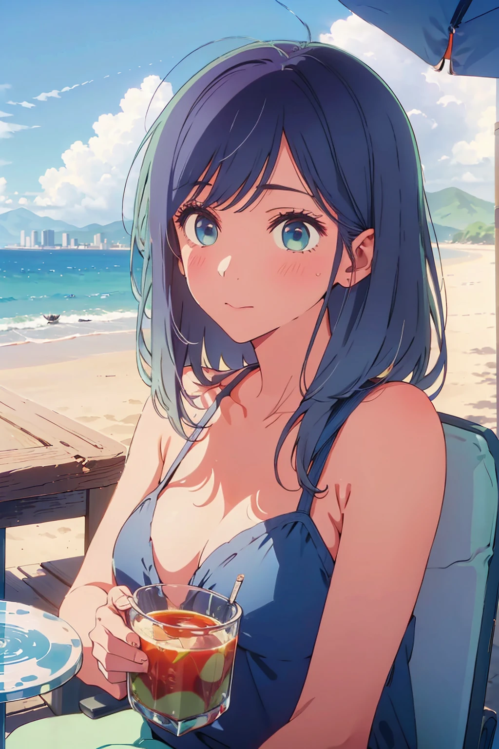 (Highest quality:1.4、8K:1.4、detailed)、F cup bust、Big Breasts、Slim body、Very white beautiful skin、((((1 person、Surprised expression、sit、Chair、In the background are the urban buildings of Tokyo、looking at the camera、Outdoor café terrace、coastal、Navy hair color、juice、Shooting up close、table、Very cute face))))、(Pose of putting hair behind ears with hands:1.4)、((nude、Areola))、bikini、Very blue sky、A completely cloudless sky