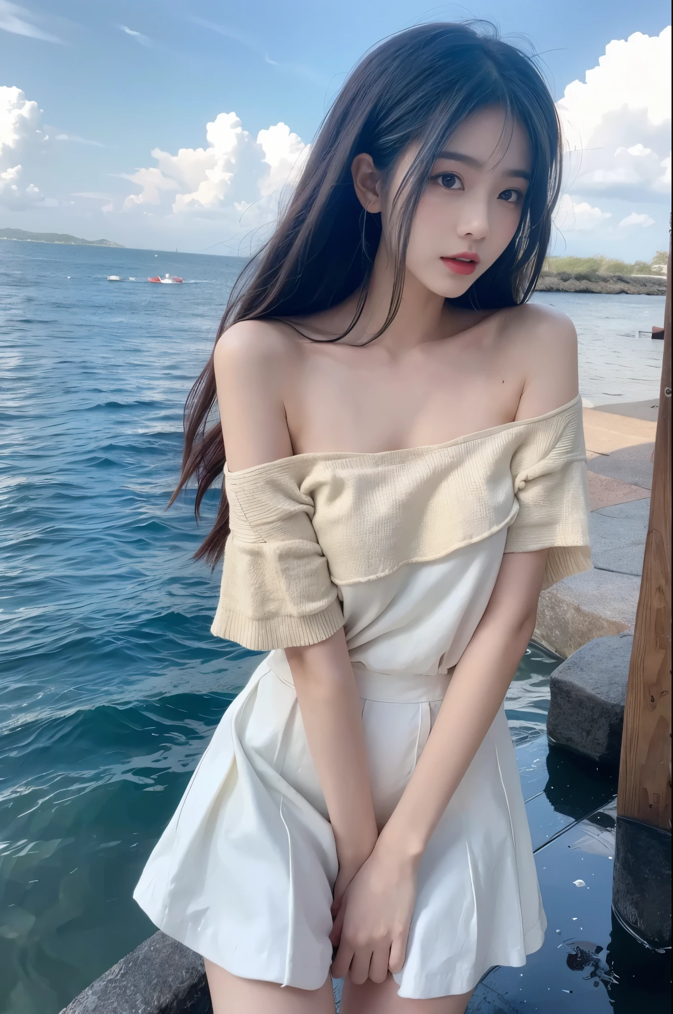 single bare shoulder shirt short ((Bare shoulder)), Double eyelids,Skin Whitening,Long hair,Whitening long legs,Standing by the sea, Fashion Girl, Red lips, Sweet Girl, Beautiful makeup, detail, lifelike, Very detailed, Astonishing, beautiful, Young and energetic, high quality,HD, Colorful, Beautifully, Smooth skin, The skirt is very short, Official Art, Extremely detailed, Movie atmosphere, Soft colors, Natural skin texture, Random scene, random shooting Angle, Black over-the-knee socks, lace hem