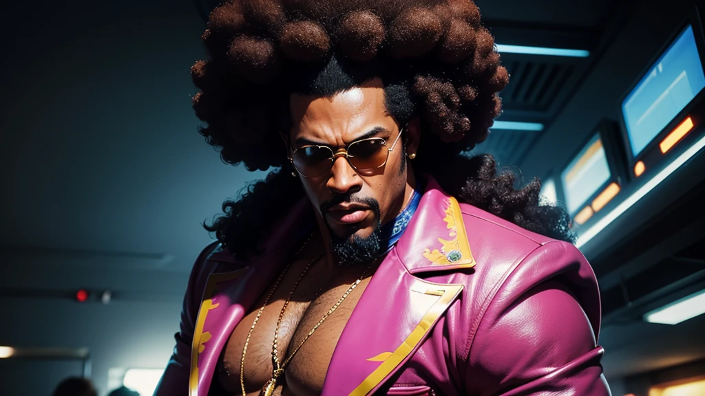 1970's pimp named "Mr Lickity Split", he has a goatee and an afro, he is wearing 1970s attire, cinematic action, masterpiece, super detail, textured skin, atmospheric perspective,