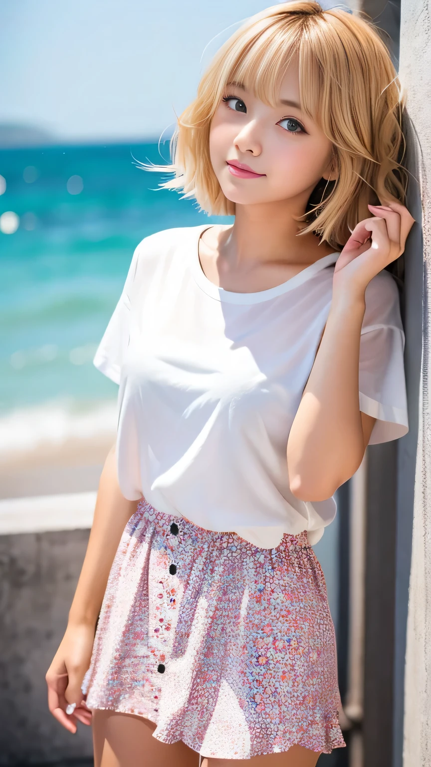 Sunburn marks on tanned skin、blush、Blonde short wavy hair,A cute with a cute look, A strong wind blows my hair in front of my face、Beautiful big sparkling eyes, Cute eyes hidden by long bangs、Yawn、No visible nasolabial folds、A short, light-colored miniskirt、A summer shirt with cute colorful patterns、Korean Beauty、Cheeks