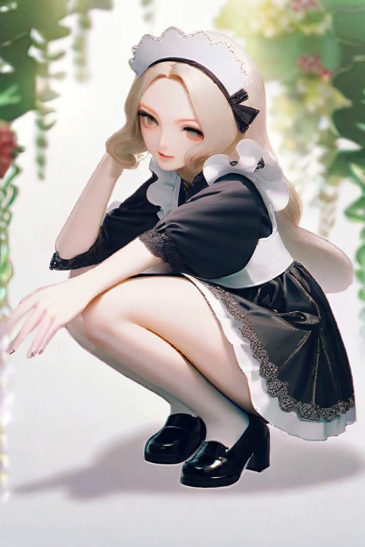 ((Лучшее качество)), ((шедевр)), (подробный), maid, 1girl, transparent dress, squatting